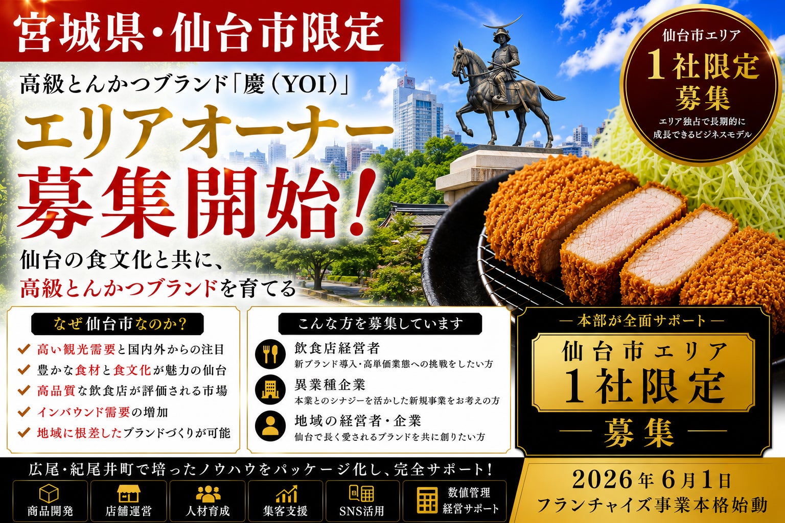 仙台限定!高級とんかつ「慶」オーナー募集✨高収益掴むチャンス